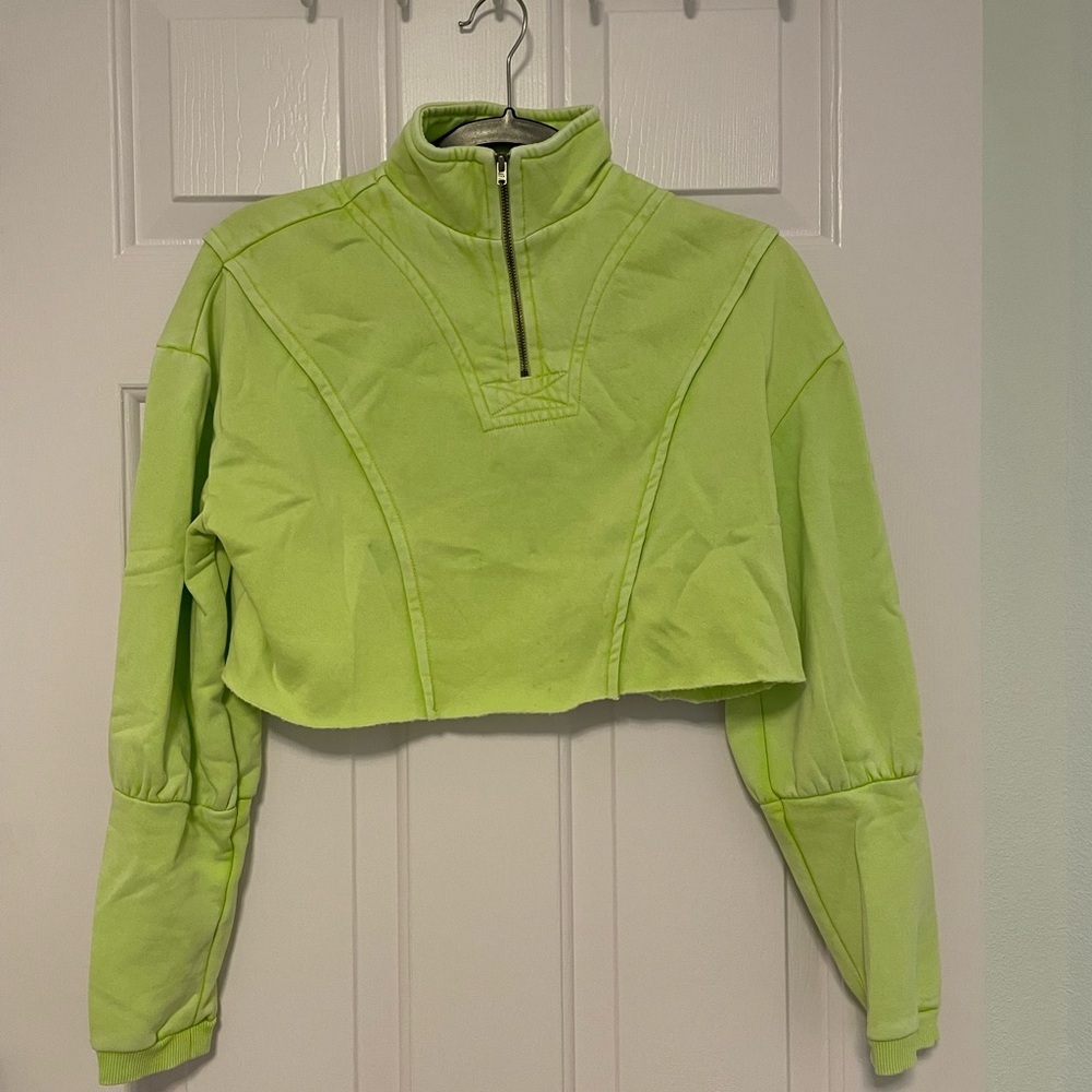 UO Out From Under Green Fleece Cropped 1/4 Zip Pullover - Picture 3 of 5